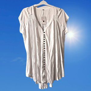 Free People Medium White Oversized Tunic Blouse Cap Short Sleeves